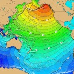 Calculated travel time map for the tectonic tsunami produced by the 1964 Prince William Sound earthquake in Alaska. Red: 1- to 4-hour arrival times, Yellow: 5- to 6-hour arrival times, Green: 7- to 14-hour arrival times, Blue: 15- to 21-hour arrival times.